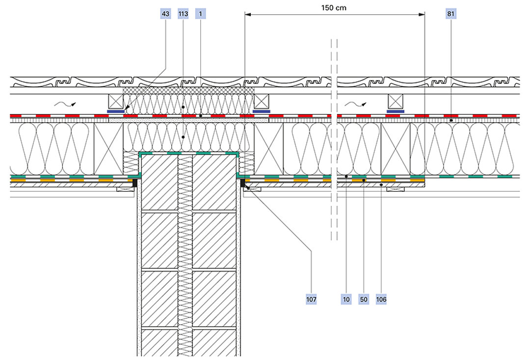 Building separation wall right angle to ridge insulation mounted